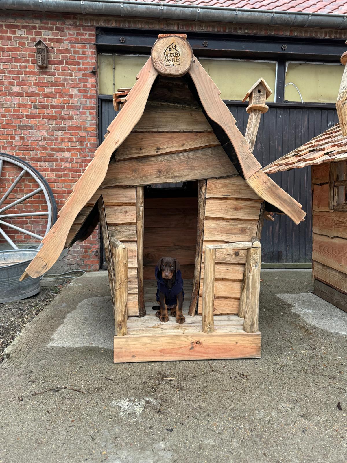 Handgemaakt hondenhok met vogelhuisje als schoorsteen